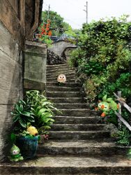 bellsprout bird bush creatures_(company) day flower game_freak gen_1_pokemon gen_5_pokemon gen_7_pokemon gen_8_pokemon grookey harukong house nintendo no_humans on_stairs outdoors petilil plant pokemon pokemon_(creature) potted_plant power_lines railing red_flower rowlet sky stairs stone_stairs utility_pole white_sky