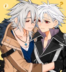 2boys ? absurdres black_coat black_gloves blue_shirt blush brown_coat coat commentary_request crow_armbrust eiyuu_densetsu flying_sweatdrops fur-trimmed_coat fur_trim gloves hair_between_eyes high_collar highres hug jewelry kishiki0318 male_focus multiple_boys musical_note necklace notice_lines rean_schwarzer red_eyes sen_no_kiseki sen_no_kiseki_(series) sen_no_kiseki_i sen_no_kiseki_iv shirt simple_background spoken_musical_note sweat white_hair yaoi yellow_background