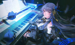 &gt;_&lt; 1girl asymmetrical_horns bird black_flower black_gloves black_hair black_horns black_jacket black_skirt black_sleeves blue_hair breasts closed_eyes closed_mouth clothing_cutout collared_shirt colored_inner_hair commentary crow demon_horns detached_sleeves floating_hair flower gloves grand_piano hair_ornament heart heart-shaped_eyes highres hololive hololive_english horn_flower horns instrument jacket jailbird_(nerissa_ravencroft) large_breasts long_hair looking_at_viewer mole mole_under_eye multicolored_hair musical_staff nerissa_ravencroft nerissa_ravencroft_(1st_costume) piano red_eyes shadow_(nerissa_ravencroft) sheet_music shirt shoulder_cutout sitting skirt solo sparkle tassel tassel_hair_ornament two-tone_hair uneven_horns very_long_hair virtual_youtuber white_shirt xiisalt