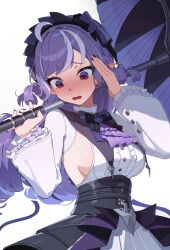 1girl absurdres ahoge ascot black_bow black_bowtie black_nails blush bow bowtie breast_curtains breasts center_frills covering_face drill_hair fingernails flustered frilled_sleeves frills furrowed_brow gem highres holding holding_umbrella large_breasts long_fingernails long_hair long_sleeves mole mole_under_eye multicolored_hair nail_polish open_mouth pointy_ears purple_ascot purple_bow purple_bowtie purple_gemstone purple_hair red_eyes shirt shrug_(clothing) sideboob simple_background small_sweatdrop solo streaked_hair swept_bangs tonki umbrella umbrella_over_shoulder upper_body very_long_hair vivian_banshee white_background white_hair white_shirt white_shrug wide_sleeves zenless_zone_zero