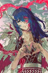 Rule 34 | 1boy, aqua eyes, aqua nails, baihuahua5441, black eyes, blue hair, chinese clothes, cloak, closed mouth, cloud, commentary, dragon, e.g.o (project moon), eastern dragon, facial mark, fingernails, four-finger heart hands, gradient background, hagoromo, hanfu, heart, heart hands, heterochromia, highres, hong lu (project moon), horn ornament, horn ring, horns, limbus company, long fingernails, long hair, long sleeves, looking at viewer, male focus, pectoral cleavage, pectorals, project moon, red hanfu, red pupils, red sash, sash, sharp fingernails, shawl, single horn, smile, solo, symbol-only commentary, tassel, upper body, white cloak