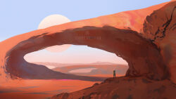 1boy arch cambocreation from_behind original painterly planet rock sand scenery science_fiction sky sunlight watermark