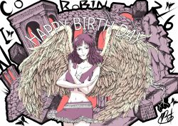 1girl birthday blunt_bangs bug butterfly character_name collarbone commentary_request cowboy_shot cross-laced_clothes cross-laced_top crossed_arms dated hana_hana_no_mi happy_birthday insect looking_at_viewer midriff moai navel nico_robin nico_robin_(whisky_peak) one_piece poneglyph purple_hair purple_shirt purple_skirt re51kk shirt signature skirt smile solo wings