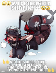 1boy 1girl absurdres anger_vein arms_behind_back artist_name bare_arms belt black_hair black_pantyhose blunt_bangs bound bound_arms bound_legs bound_tail box_tie breasts carrying carrying_person chest_harness collar colored_inner_hair commentary ehrrr ellen_joe emoji english_commentary english_text fins fish_tail full_body gag gagged hair_ornament hairclip harness high_heels highres large_breasts looking_at_viewer luggage_bondage maid_headdress metal_collar mole mole_on_arm mole_under_eye multicolored_hair nail_polish nipples one_breast_out out_of_frame paid_reward_available panel_gag pantyhose puff_of_air puffy_short_sleeves puffy_sleeves red_eyes red_hair restrained shark_girl shark_tail shirt shoes short_hair short_sleeves simple_background slap_mark solo_focus suspension tail thumbs_up_emoji torn_clothes torn_pantyhose torn_shirt twitter_username two-tone_hair v-shaped_eyebrows x_hair_ornament zenless_zone_zero