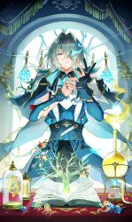 1boy absurdres anaxa_(honkai:_star_rail) black_gloves blue_eyes blue_fire book bug butterfly commentary_request curtains detached_sleeves eyepatch feet_out_of_frame fire flask gloves gold_trim green_hair green_jacket highres honkai:_star_rail honkai_(series) hush_(xoxo_hush) insect jacket jewelry korean_commentary long_hair looking_down male_focus multicolored_eyes multiple_rings open_book partially_fingerless_gloves pink_eyes ponytail ring round-bottom_flask sefirot serious solo two-tone_eyes