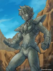 1boy armor belt blue_sky bulge clenched_hands highres male_focus open_mouth outdoors pauldrons pegasus_seiya petrification saint_seiya shoulder_armor sky solo spiked_hair stone torakichi_(ebitendon) twitter_username