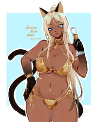 1girl animal_ears armlet bare_legs blonde_hair blue_eyes blush breasts cat_ears cat_girl cat_tail champagne_flute cleavage cup dark-skinned_female dark_skin drinking_glass female_pubic_hair golden_week_bikini highres jewelry large_breasts long_hair makeup navel necklace oasis_(seeslugs) original pubic_hair seeslugs solo tail tan