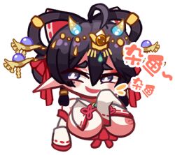 1girl areola_slip black_hair breast_curtains breasts chibi chibi_only chinese_commentary chinese_text covering_own_mouth gigantic_breasts hair_ornament hair_rings hair_stick haitai_(haitai_umita) haitai_umita hand_over_own_mouth indie_virtual_youtuber laughing looking_at_viewer lowres nipple_slip nipples nontraditional_miko open_mouth pointy_ears purple_eyes smile solo virtual_youtuber