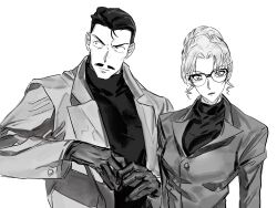 Rule 34 | 1boy, 1girl, coat, facial hair, glasses, gloves, greyscale, hair bun, highres, kisaki eri, meitantei conan, mercuryxun, monochrome, mouri kogoro, mustache, open clothes, open coat, shirt, short hair, simple background, upper body, white background
