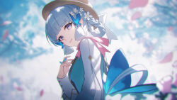 Rule 34 | 1girl, ayaka (genshin impact), blue dress, blue eyes, blue hair, blunt bangs, braid, butterfly hair ornament, dress, flower, genshin impact, hair flower, hair ornament, hat, highres, kamisato ayaka, kamisato ayaka (springbloom missive), long sleeves, looking at viewer, mole, mole under eye, official alternate costume, official alternate hairstyle, shali, smile, solo