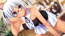 1girl alternate_costume animal_ear_hairband animal_ears arm_support arm_up bare_shoulders bent_over black_hairband black_ribbon black_shirt black_tail blue_eyes breasts buttons cat_ear_hairband cat_ears cat_tail cat_tower chiara_farrell collarbone collared_shirt covered_erect_nipples cowboy_shot curled_fingers dark-skinned_female dark_skin dutch_angle enmaided eyebrows_hidden_by_hair fake_animal_ears fake_tail frilled_shirt frills frown fumio_(ura_fmo) furrowed_brow game_cg glasses grisaia_(series) grisaia_no_rakuen hair_ribbon hairband hanging_breasts indoors kneeling leaning_forward light_blush light_frown long_eyelashes looking_at_viewer maid medium_breasts miniskirt neck_ribbon non-web_source official_art open_mouth parted_bangs paw_pose pleated_skirt raised_eyebrows raised_inner_eyebrows rectangular_eyewear red-framed_eyewear ribbon shirt short_hair sidelocks skirt sleeveless sleeveless_shirt solo sparkling_eyes split_mouth strapless tail thick_eyelashes thighs tube_top two-tone_shirt two-tone_tail two_side_up variant_set white_hair white_shirt white_skirt white_tail wide-eyed