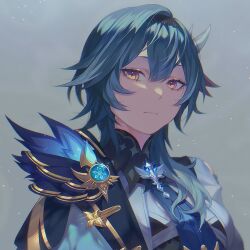 Rule 34 | 1girl, 23i2ko, blue background, blue theme, brooch, eula (genshin impact), expressionless, genshin impact, head tilt, horns, insignia, jewelry, light particles, looking at viewer, simple background, solo, upper body, vision (genshin impact), yellow eyes