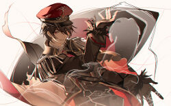 1boy 1girl absurdres ayn_alwyn ayn_alwyn_(infinite_empire) belt black_belt black_gloves black_hair black_jacket cape commentary dancing english_commentary epaulettes floating_cape fur-trimmed_sleeves fur_trim gloves hair_between_eyes hand_up hat highres jacket kazenemuri light_particles long_sleeves looking_at_viewer lovebrush_chronicles male_focus military_hat military_uniform necktie open_hands outstretched_arm parted_lips peaked_cap puppet_strings red_cape red_eyes red_hat red_necktie sanpaku short_hair silhouette simple_background sleeve_cuffs smirk solo string_around_finger white_background