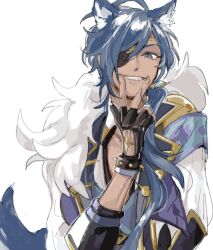 Rule 34 | 1boy, animal ear fluff, animal ears, arm up, black gloves, blue eyes, blue hair, commentary, dark-skinned male, dark skin, dog boy, dog ears, dog tail, earrings, eyelashes, eyepatch, fang, fingerless gloves, fingernails, genshin impact, glove cutout, gloves, grin, jacket, jewelry, kaeya (genshin impact), long hair, looking at viewer, male focus, one eye covered, parted bangs, piercing, simple background, smile, solo, tail, teeth, ui (gnu isn), upper body, white background, white fur