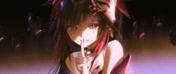 1girl absurdres bell brown_hair duplicate fox_mask highres honkai:_star_rail honkai_(series) long_hair mask nail_polish neck_bell open_mouth red_eyes reoen smile solo sparkle_(honkai:_star_rail)