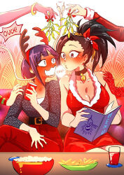 2girls antlers bare_shoulders bell black_eyes black_hair blush boku_no_hero_academia breasts cherry_in_the_sun christmas cleavage collarbone couch dress full-face_blush hair_ribbon horns imminent_kiss jirou_kyouka large_breasts long_hair menu mistletoe multiple_girls neck_bell on_couch ponytail puckered_lips purple_hair reindeer_antlers ribbon santa_costume santa_dress short_hair shy small_breasts snack speech_bubble yaoyorozu_momo yuri