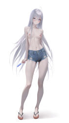 Rule 34 | 1girl, absurdres, arm behind back, blue eyes, blue shorts, breasts, cleavage, closed mouth, denim, denim shorts, expressionless, flip-flops, food, full body, highres, holding, holding food, holding popsicle, long hair, looking at viewer, midriff, navel, nipples, nyarko, popsicle, sandals, shibou yuugi de meshi o kuu, short shorts, shorts, simple background, small breasts, solo, stomach, topless female, very long hair, white background, white hair, yuuki (shibou yuugi)