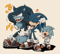aoki_(fumomo) bad_id bad_pixiv_id furry furry_male gloves male_focus multiple_persona musical_note shoes simple_background sleepy sneakers sonic_(series) sonic_generations sonic_the_hedgehog sonic_the_hedgehog_(classic) sonic_the_werehog sonic_unleashed stretching werehog yawning