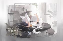 1girl absurdres animal_ears azur_lane barefoot blue_eyes fox_ears fox_girl fox_tail full_body hair_over_one_eye highres kasumi_(azur_lane) kasumi_1118 legs_up lying on_stomach solo tail white_hair