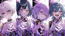 4boys ahoge black_hair blue_hair closed_mouth earrings english_text ensemble_stars! four-finger_heart_hands gloves hair_between_eyes hanamura_fuyume heart heart_hands heart_in_eye heart_in_heart_hands highres hojo_raika jewelry light_particles looking_at_viewer male_focus medium_hair microphone multiple_boys natsu_kanna official_alternate_costume open_mouth purple_eyes purple_hair red_eyes sagiri_esu short_hair smile symbol_in_eye teeth upper_body upper_teeth_only white_background white_gloves yoshio_tachi