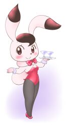 1girl animal_ears black_hair black_pantyhose blush bokko_(wonder_three) bow bowtie breasts brown_eyes commentary_request cup dewlap drinking_glass full_body furry furry_female high_heels holding holding_tray leotard looking_at_viewer pantyhose playboy_bunny rabbit_ears rabbit_girl rabbit_tail red_bow red_bowtie red_leotard red_shoes shoes short_hair shortstack simple_background small_breasts smile solo standing tail tray variant_set white_background white_fur wonder_three wrist_cuffs yamanokonza