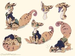:3 :q ^_^ animal animal_focus artist_name blue_tongue blue_vest closed_eyes colored_tongue commentary cropped_head curled_tail curled_up fangs from_side full_body gecko green_eyes highres licking_lips multiple_views murayama_ryota no_humans open_mouth original ovopack reptile signature simple_background sitting sleeping smile spots standing tongue tongue_out vest yellow_background