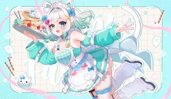 Rule 34 | 1girl, :3, absurdres, ahoge, aki hoshino, animal ears, apron, aqua dress, aqua hair, aqua nails, aqua sleeves, artist name, ass, bare shoulders, blue bow, blue choker, blue eyes, blush, bow, cat ears, cat girl, cat tail, choker, colored inner animal ears, commentary, detached sleeves, dot nose, dress, fang, fishnet socks, fishnets, ghost, grey hair, hair bow, hair ornament, heart, heart hair ornament, heart o-ring, highres, holding, holding tray, indie virtual youtuber, kemonomimi mode, long sleeves, looking at viewer, loose socks, maid, maid headdress, medium hair, mint fantome, mole, mole on thigh, multicolored hair, nail polish, o-ring, o-ring choker, one side up, open mouth, plaid clothes, pointy ears, puffy long sleeves, puffy sleeves, shoes, skin fang, skindentation, smile, socks, solo, streaked hair, tail, thigh strap, tray, two-tone hair, unconventional maid, virtual youtuber, white apron, white shoes, white socks, wisps (mint fantome), x hair ornament
