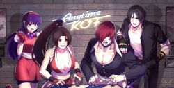 1boy 1girl asamiya_athena black_jacket brown_hair competition hair_ornament idol jacket kusanagi_kyou musician ninja pachinko playing_games psycho_soldier purple_hair red_hair shiranui_mai snk star_(symbol) star_hair_ornament the_king_of_fighters the_king_of_fighters_&#039;98 yagami_iori