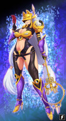 1girl absurdres adapted_costume armlet armor artist_logo belt black_belt black_bodysuit bodysuit boobplate breastplate breasts cleavage cleavage_cutout clothing_cutout commentary_request covered_eyes detached_sleeves digimon digimon_(creature) digital_hazard facial_mark fox_mask full_body gloves grey_hair hand_up high_heels highres holding holding_ofuda holding_staff holding_talisman jewelry large_breasts lipstick logo long_hair low-tied_long_hair low_twintails makeup mask navel ofuda parted_lips purple_lips purple_sleeves revealing_clothes sakuyamon shoes shoulder_armor skindentation solo staff standing stirrup_legwear stomach talisman teng_zhai_zi toeless_legwear twintails very_long_hair yellow_armor yellow_mask yellow_shoes yin_yang yin_yang_print