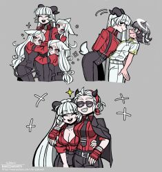 angel animal_ears arm_around_shoulder azazel_(helltaker) baphomet_(grizz) black_horns blind blush breasts cerberus_(helltaker) demon_girl demon_horns demon_tail flustered grey_background greyscale grizz group_hug halo happy helltaker highres horns hug jacket jacket_on_shoulders justice_(helltaker) leaning lineart long_hair metal_gloves monochrome multiple_girls original overalls pants red_shirt sharp_teeth shirt short_hair simple_background sketch smile sunglasses tail teeth traditional_halo triplets vanripper_(style) vest white_eyes white_hair white_pants