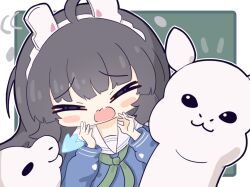 1girl animal animal_ears blue_archive blue_shirt blush_stickers chibi closed_eyes commentary_request fake_animal_ears leaf leaf_on_head long_hair long_sleeves miyu_(blue_archive) no_nose open_mouth rabbit_ears sailor_collar school_uniform shirt umihio