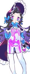 1girl akubimtcat black_hair bonnet bow bug butterfly dress frills highres insect long_hair navel original simple_background skeleton solo standing tattoo thighhighs white_background