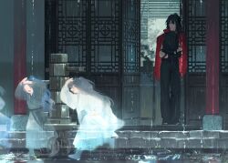 Rule 34 | 1girl, 2boys, aged down, aqua eyes, architecture, black eyes, black hair, black pants, black shirt, bonsai, dual persona, east asian architecture, heterochromia, hong lu (project moon), jacket, jacket over shoulder, limbus company, lin daiyu (project moon), long hair, mugglesix, multiple boys, pants, pillar, ponytail, project moon, rain, red jacket, semi-transparent, shirt, sleeveless, sleeveless shirt, unworn jacket