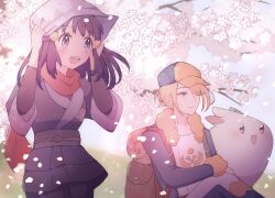 1boy 1girl absurdres akari_(pokemon) backpack bag black_hair blonde_hair brown_bag cherry_blossoms closed_mouth creatures_(company) falling_petals game_freak gen_4_pokemon hat headscarf highres hika_oo7 japanese_clothes long_hair long_sleeves nintendo open_mouth petals pokemon pokemon_(creature) pokemon_legends:_arceus red_scarf scarf togekiss volo_(pokemon) white_headscarf