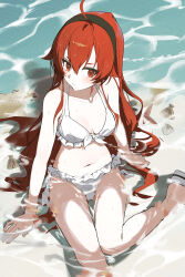 1girl absurdres ahoge arm_support bikini black_hairband breasts closed_mouth collarbone commentary_request eris_greyrat frilled_bikini frills front-tie_top hair_between_eyes hairband highres light_blush long_hair medium_breasts mixed-language_commentary mushoku_tensei navel on_ground outdoors qtian red_eyes red_hair sand second-party_source shell shore sitting solo swimsuit thigh_gap very_long_hair wading wariza water white_bikini