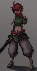 1girl ahoge blood breasts collar earrings female_focus jewelry navel red_eyes red_hair revya_(female) short_hair solo soul_cradle torihasiden