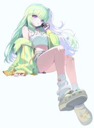 1girl bandaid bandaid_on_knee bandaid_on_leg bare_shoulders blunt_bangs breasts cleavage commentary_request crocs crop_top full_body green_hair green_jacket grey_shorts hand_up highres holding holding_phone invisible_chair jacket jewelry korean_commentary long_hair looking_at_viewer midriff mixed-language_commentary navel necklace off_shoulder official_art one_side_up parted_lips phone purple_eyes shirt short_shorts shorts simple_background sitting sleeveless sleeveless_shirt socks solo spaghetti_strap stellive thighs very_long_hair white_background white_shirt white_socks yuzuha_riko zetto023