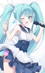 1girl blue_archive blue_eyes bow dress frilled_dress frills hair_bow hatsune_miku hatsune_miku_(blue_archive) headgear highres long_hair open_mouth sailor_collar sailor_dress sleeveless sleeveless_dress smile solo twintails very_long_hair vocaloid white_background wrist_flower yoshiharu_auf