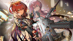 2girls absurdres arknights badge black_gloves black_shirt character_doll chromatic_aberration commentary_request crack cracked_glass emperor_(arknights) exusiai_(arknights) exusiai_the_new_covenant_(arknights) gloves halo highres holding holding_weapon lemuen_(arknights) long_hair lonki looking_at_viewer multiple_girls pink_hair red_hair shirt tagme traditional_halo upper_body weapon score:0 rating:general Rule 34 | 2girls, absurdres, arknights, badge, black gloves, black shirt, character doll, chromatic aberration, commentary request, crack, cracked glass, emperor (arknights), exusiai (arknights), exusiai the new covenant (arknights), gloves, halo, highres, holding, holding weapon, lemuen (arknights), long hair, lonki, looking at viewer, multiple girls, pink hair, red hair, shirt, tagme, traditional halo, upper body, weapon