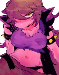 1girl armlet belt black_panties breasts colored_skin crop_top deltarune freckles hair_over_one_eye jewelry large_breasts looking_at_viewer open_belt panties panty_peek pink_skin purple_hair repikinoko reptile_girl sleeveless solo spiked_armlet susie_(dark_world)_(deltarune) susie_(deltarune) torn_clothes underwear yellow_eyes