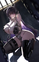 1girl :p absurdres armpits arms_behind_head arms_up backlighting bare_shoulders barred_window between_breasts black_choker black_gloves black_hair black_thighhighs blurry blurry_foreground boots bound bound_wrists breasts chain choker cleavage colored_inner_hair commentary criss-cross_halter criss-cross_straps curvy dominatrix elbow_gloves gloves goddess_of_victory:_nikke hair_in_own_mouth hair_intakes halterneck harness heart heart-shaped_pupils heart_choker highres huge_breasts indoors leather leather_bikini leather_boots light_blush long_hair looking_at_viewer mihara_(bonding_chain)_(nikke) mihara_(nikke) multicolored_hair navel o-ring o-ring_harness o-ring_top official_alternate_costume pelvic_curtain prison_cell purple_eyes purple_hair restrained see-through_clothes see-through_pelvic_curtain shadow sideboob sideboob_cutout sidelocks simsim_han-u single_thigh_boot single_thighhigh skindentation smile solo squatting stomach strap_between_breasts sunlight symbol-shaped_pupils thick_thighs thigh_boots thighhighs thighs tied_up_(nonsexual) tongue tongue_out very_long_hair window window_shadow