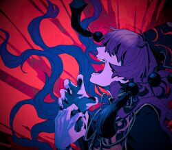 Rule 34 | 1girl, black dress, black headdress, black nails, blonde hair, bow, bowtie, chinese clothes, covered eyes, crazy eyes, dalachi (headdress), dress, fingernails, floating hair, headdress, highres, junko (touhou), junko day, long hair, long sleeves, nail polish, open mouth, raya (uk 0128), red background, red eyes, screaming, sharp fingernails, tabard, teeth, touhou, very long hair, wide sleeves, yellow bow, yellow bowtie