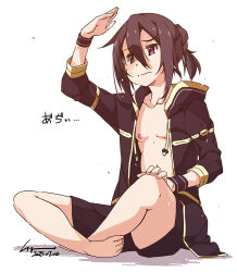 1boy black_hair bow closed_mouth crossed_legs hair_bow highres hot jacket kirito kirito_(sao-ggo) long_hair open_clothes open_jacket revision shikei shorts simple_background sitting sweat sword_art_online wristband
