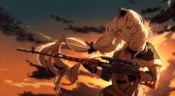 1girl black_hat cloud dragunov_svd girls&#039;_frontline gun hat holding holding_gun holding_weapon long_hair rifle silence_girl sniper_rifle sunset svd_(girls&#039;_frontline) weapon white_hair