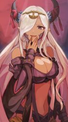 1girl absurdres asymmetrical_horns bare_shoulders breasts cleavage dark_skin dragon_girl fire_emblem fire_emblem_engage hair_ornament hair_over_one_eye highres horns large_breasts long_hair looking_at_viewer mature_female netugen33 nintendo open_mouth pointy_ears purple_eyes purple_ribbon revealing_clothes ribbon smile solo tan tassel tassel_hair_ornament uneven_horns very_long_hair zephia_(fire_emblem)