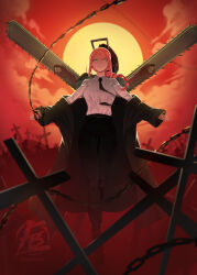 Rule 34 | 1boy, 1girl, back-to-back, black jacket, black pants, braid, breasts, chainsaw, chainsaw devil, chainsaw man, closed mouth, collared shirt, cross, eladb art, graveyard, highres, jacket, jacket partially removed, light smile, long hair, makima (chainsaw man), medium breasts, pants, red hair, ringed eyes, shirt, sidelocks, single braid, sun, twitter username, white shirt, yellow eyes
