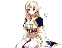 Rule 34 | 100 yeol, 1girl, blonde hair, blue eyes, breasts, cleavage, earrings, huge breasts, jewelry, mabinogi, portia (mabinogi), see-through clothes, see-through sleeves, simple background, sitting