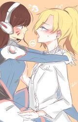 2girls arms_around_neck blonde_hair blush bodysuit brown_hair d.va_(overwatch) facial_mark gloves headphones junniger lab_coat looking_at_another mercy_(overwatch) multiple_girls overwatch overwatch_1 ponytail sitting sitting_on_lap sitting_on_person yuri