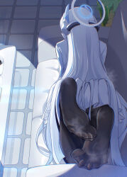 1girl absurdres blue_archive couch feet from_behind highres long_hair lying noa_(blue_archive) on_stomach pantyhose shiraae_quartet soles steam toes white_hair