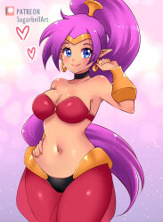 1girl absurdres artist_name bare_shoulders black_choker blue_eyes breasts choker cleavage closed_mouth collarbone commentary earrings fingernails hand_on_own_hip hand_up harem_pants high_ponytail highres hoop_earrings jewelry large_breasts long_hair looking_at_viewer navel o-ring o-ring_top pants patreon_logo patreon_username pointy_ears ponytail purple_hair red_pants shantae shantae_(series) smile solo stomach sugarbell very_long_hair